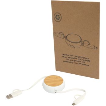 Chechia 100 cm 5-in-1 kabel van gerecycled kunststof, uitschuifbaar, voor dataoverdracht en 45W snelladen met bamboedetails