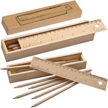 Houten doos met 8 kleurpotloden en liniaal