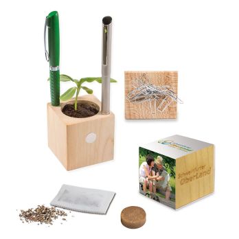 Plantenhouder hout kantoor met zaden