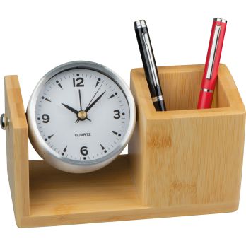 Bamboe pennenhouder met analoge klok