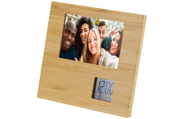 Sasa Bambus Fotorahmen Tischuhr mit Thermometer - natur 