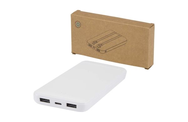 Adhil 10 W 10.000 mAh Powerbank aus recyceltem Kunststoff mit 2 integrierten Kabeln, weiss