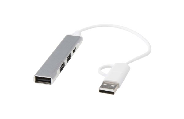 Alkaid 4 Port Hub aus recyceltem Aluminium mit USB-A- und Typ-C-Anschlüssen und zwei Eingängen, silber