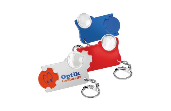 Chiphouder met schakelketting, ring, 1€-muntje en loep