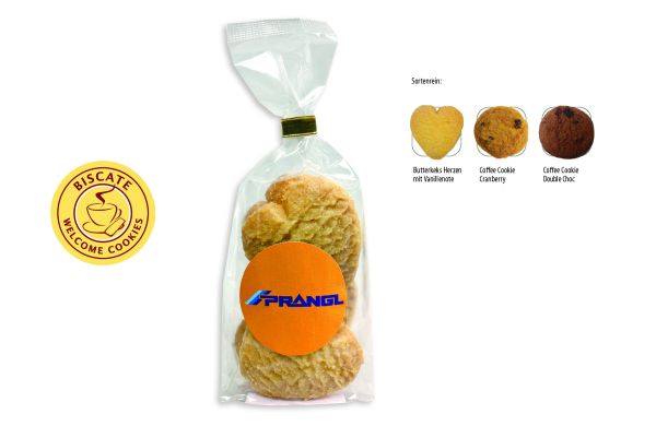 Cookies Bodenstandbeutel mit Werbeaufkleber, Butterkeks Herzen, 