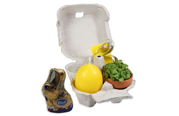 Het geel van het ei - kleipot, eierkaars, chocolade konijntje