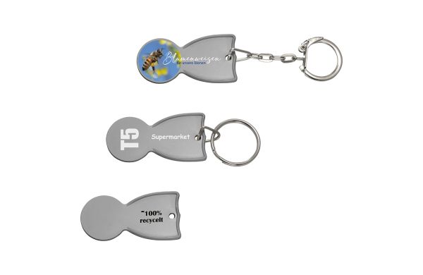 Winkelwagenmunt van gerecycled materiaal met schakelketting en ring  
