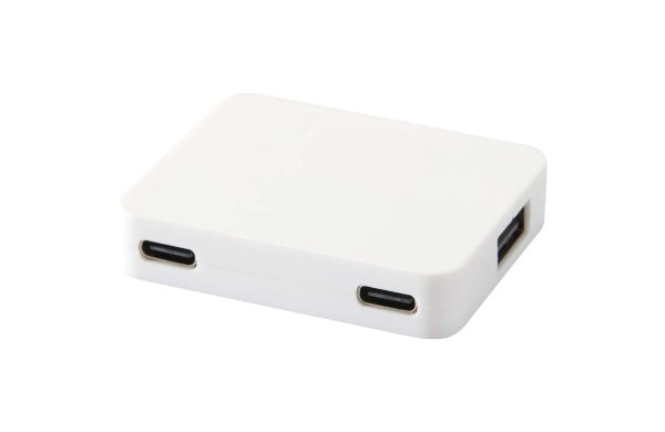 Gaia 4 Port USB Hub mit USB-A- und Typ-C-Ausgang und zwei Eingängen aus recyceltem Kunststoff, weiss