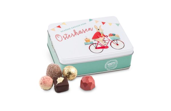 Geschenkartikel / Presentartikel: Paashaas op de fiets - Pralinedoos met 125 g