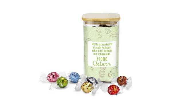 Geschenkset: Lindor Team-Glas Vrolijk Pasen met 35 Lindt Lindorkugeln