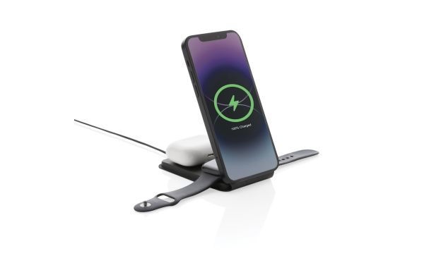 Swiss Peak 15W 3-in-1 magnetischer Wireles Charger aus rPU/schwarz