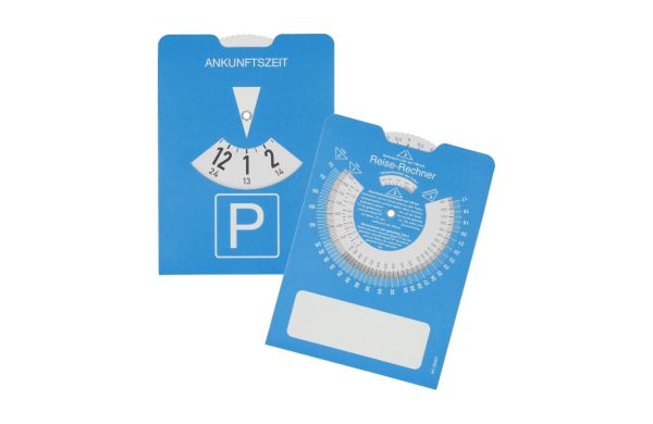 Papp-Parkscheibe "Reise-Rechner", blau