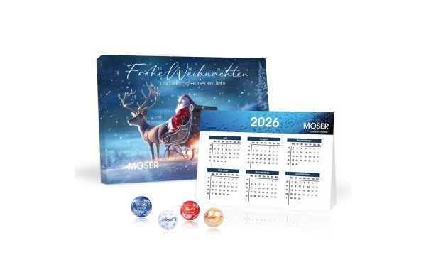 2 in 1 Adventskalender mit Jahresplaner mit Lindt Minis Inlay aus 100% recyceltem Material