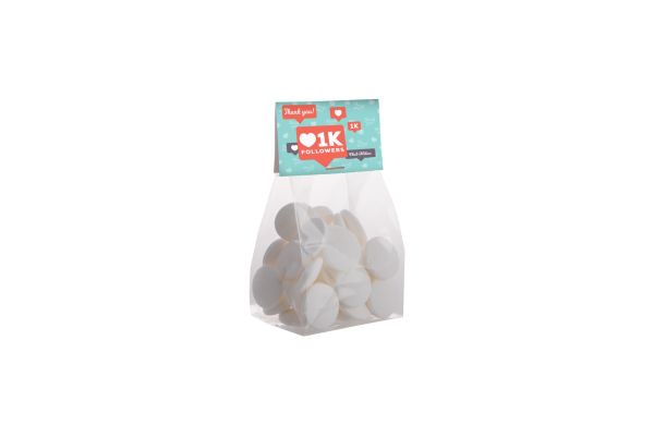 Blockbeutel mit Topkarte, 100 g Süssigkeiten, Transparent/Weiß