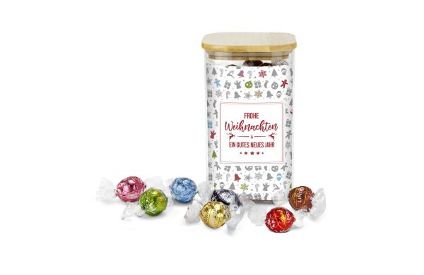 Geschenkset: Lindor Team-Glas Vrolijk Kerstfeest met 35 Lindt Lindorkugeln