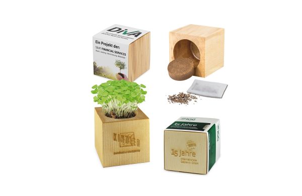 Houten bloempot maxi met zaden, 2 zijden lasergravure