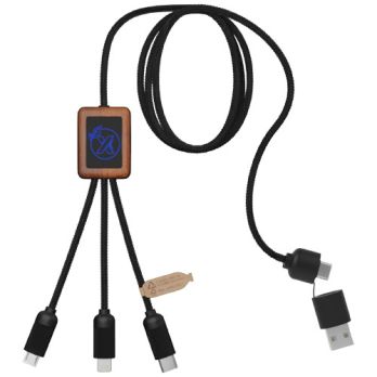SCX.design C38 5-in-1 oplaadkabel van RPET met oplichtend logo en vierkante houten behuizing
