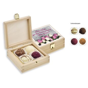 4 stuks praline-/truffelmix in houten doosje
