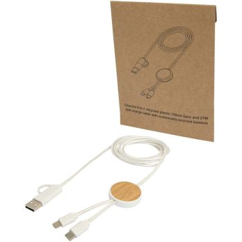 Chechia 150 cm 5-in-1 kabel van gerecycled kunststof voor dataoverdracht en 27W snelladen met bamboedetails