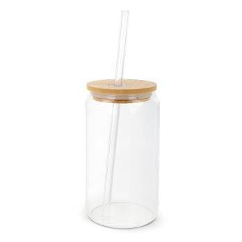 Glas met bamboedeksel & rietje 450ml