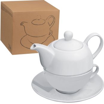 Porseleinen theepot met kop en onderzetter