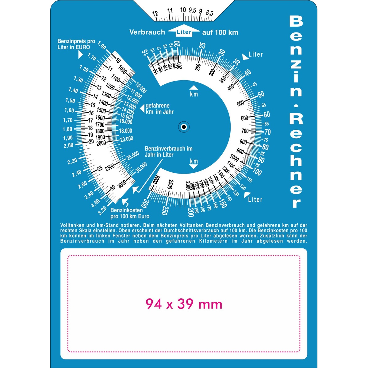 Karton parkeerschijf voor Oostenrijk met benzinecalculator, blauw, wit