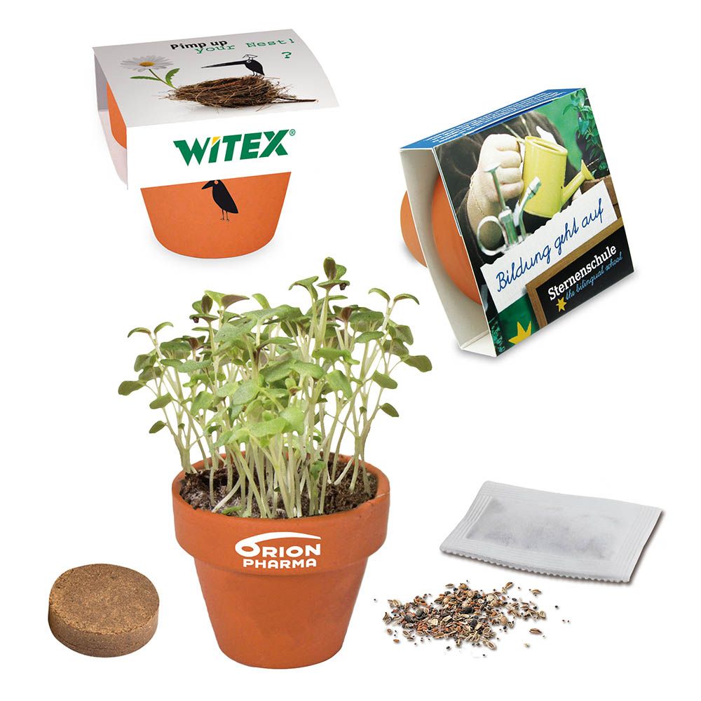 Banderole + tampondruk (Banderole (Deckel): 15,6 x 5,0 cm, Töpfchen: 1,5 x 2,0 cm oder Töpfchenrand: 0,8 x 2,5 cm)